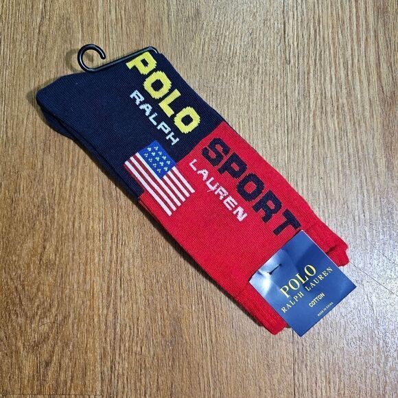 Polo Sport Ralph Lauren Socks USA Flag Red Navy Blue Size Large L Cotton New - Picture 2 of 6
